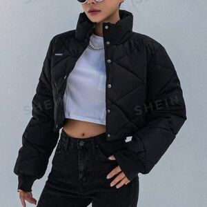 Black Quilted Cropped Puffer Jacket Medium Dazy by Shein